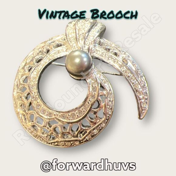 Bundle Sale 3 for $15 | Vintage Silver Tone Metal Brooch | Rhinestone - Faux Pea - Picture 1 of 8